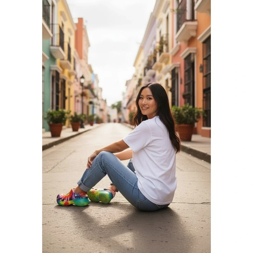 CROCS CLASSIC BAE TIE DYE SHOES WOMEN'S SIZE 9—Platform Shoes